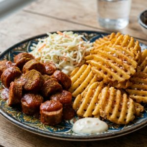 Currywurst mit waffle fries
