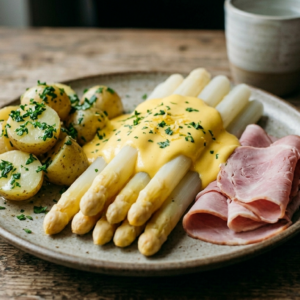 Weisser Spargel mit gekochtem Schinken