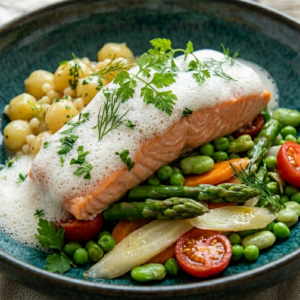 Confierter Lachs mit Frühlingsgemüse