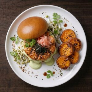 Japanischer Lachsburger mit Süsskartoffel