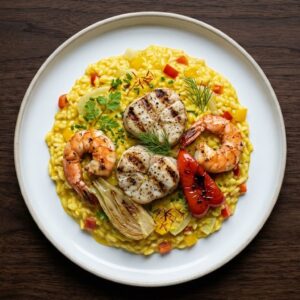 Safranrisotto mit Seeteufel und Garnelen